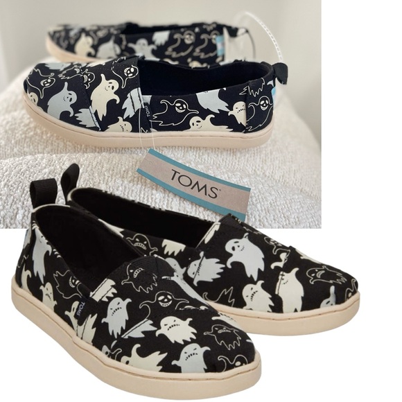 TOMS Alpargatas Ghost Print Pattern Glow In The Dark Slip-Ons 1 Youth Kid - Picture 2 of 4